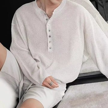 AIDASE  -  Spring Autumn Casual Men's Knitting Tops Stylish Knitted Henley T Shirts Mens Trendy Long Sleeve Button Hollow Out Knit T-shirt aidase-shop